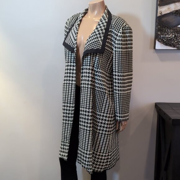 Vintage Houndstooth Overcoat Trench Duster Jacket Open Front Mid Length 80s 90s - Picture 4 of 13